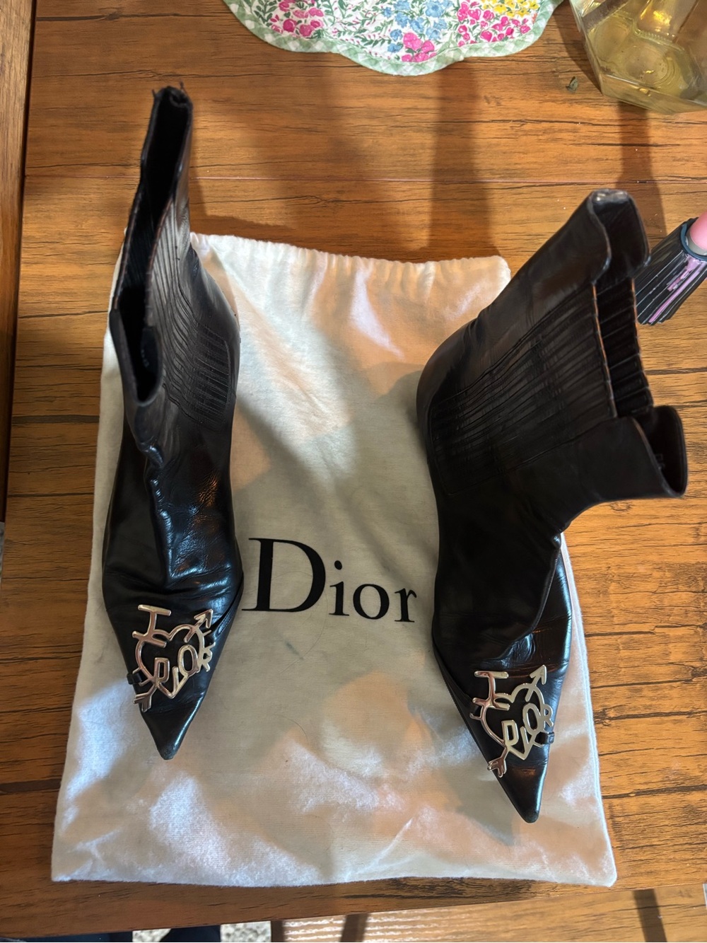 Dior Black Leather Pointed-Toe Ankle Boots with Silver Logo Hardware